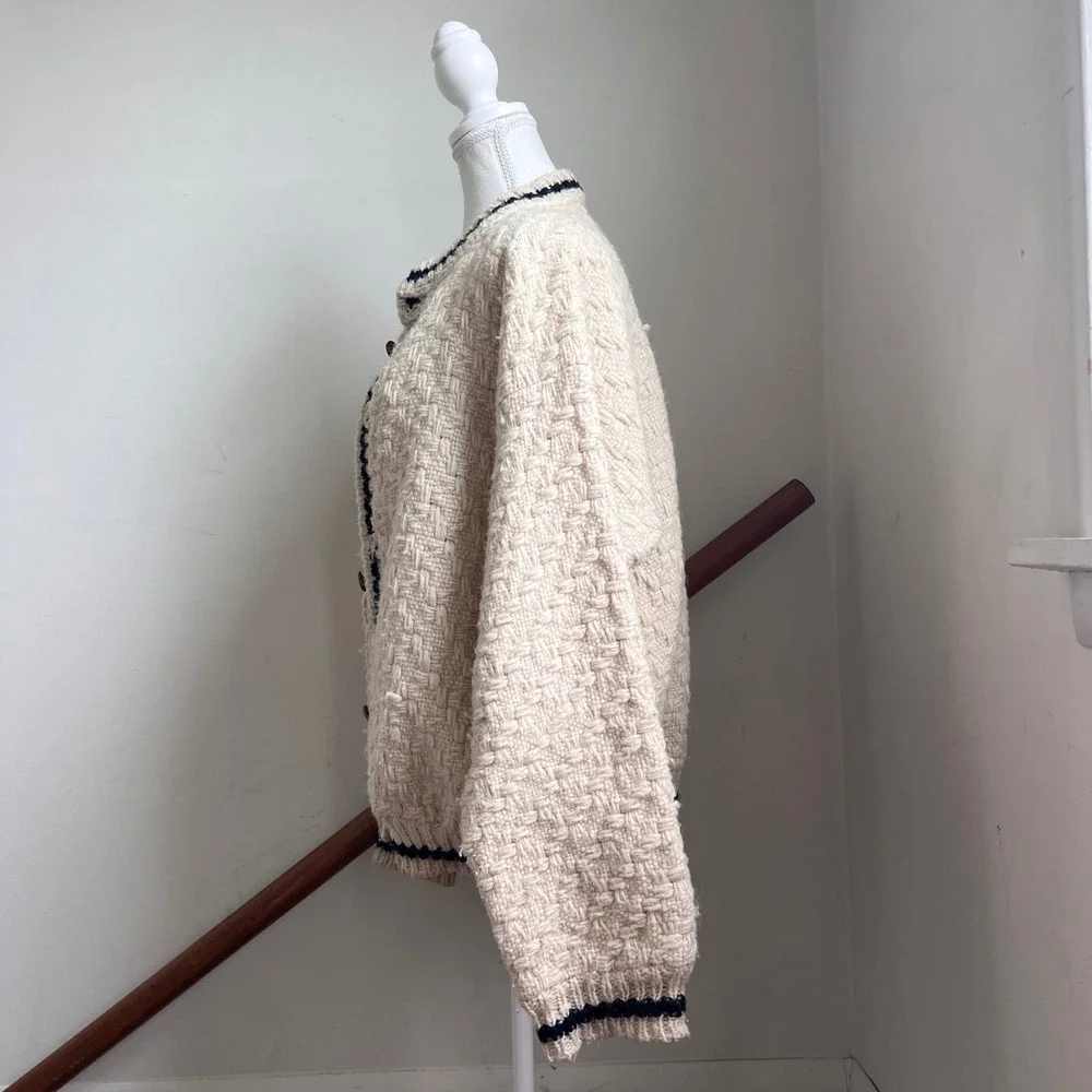 Vintage Chunky Cardigan Sweater Cream Basketweave Hand Knit Button Up Oversized